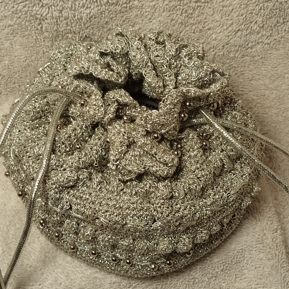 Silver Crotcheted Drawstring Evening Bag - Picture 3 of 4